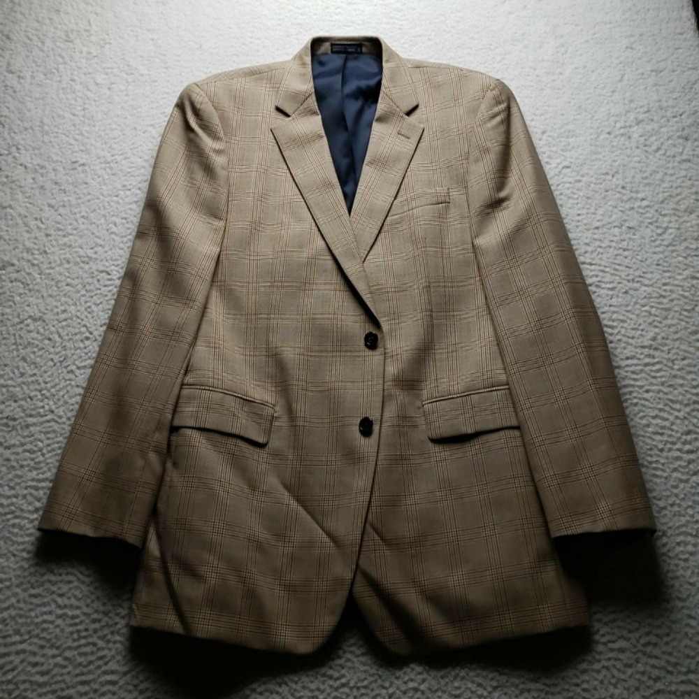 Nautica Blazer Mens 42L Beige Plaid Wool Tweed Sport Coat Jacket Classic Fit